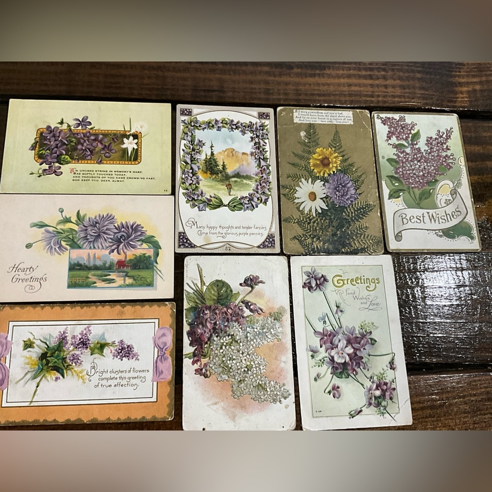 Antique Lot of 8 Assorted Purple Flower Postcards Best Wishes Greetings